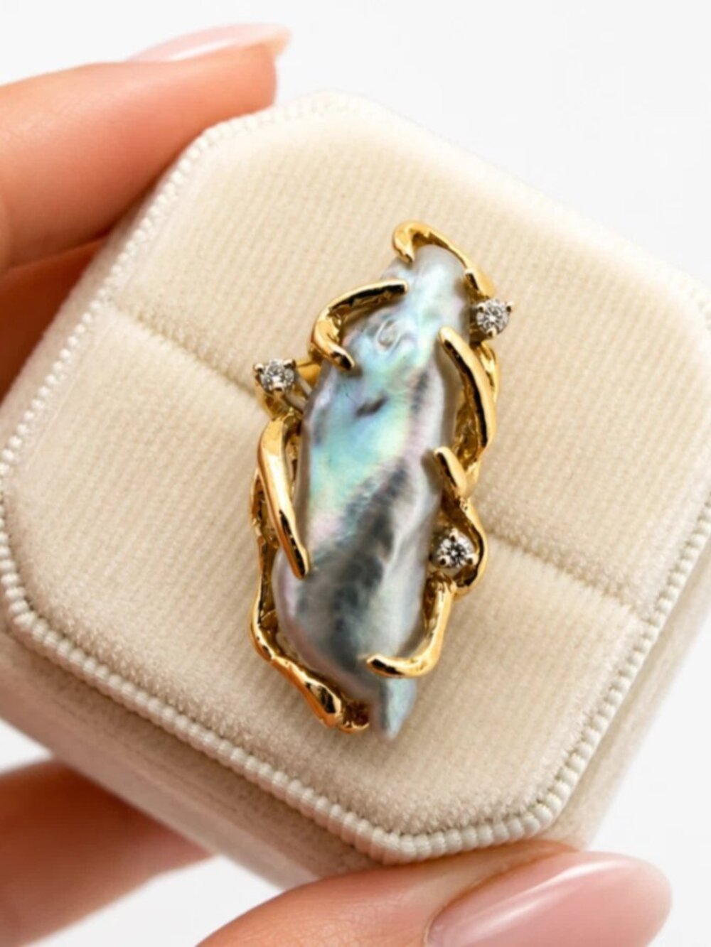 Vintage 14K Yellow Gold Baroque Pearl & Diamond Ring Size 6.5 Estate